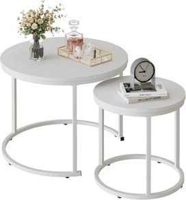 Round Coffee Table for Living Room,Nest of Tables Set of 2,White Center Tea Table with Metal Frame, End Side table for Small Space/Living Room/Bedroom, White, 60 x 60 x 50cm