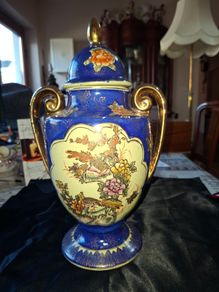 Vintage Twin Handled Japanese Cobalt Blue & Gold Lidded Urn or Amphora Vase, Postage available or Collection