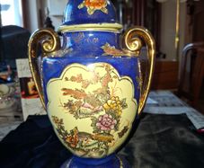 Vintage Twin Handled Japanese Cobalt Blue & Gold Lidded Urn or Amphora Vase, Postage available or Collection