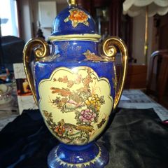 Vintage Twin Handled Japanese Cobalt Blue & Gold Lidded Urn or Amphora Vase, Postage available or Collection