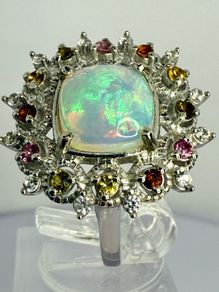 Ethiopian Opal, White Zircon Multi-Tourmaline Cosmo Ring
