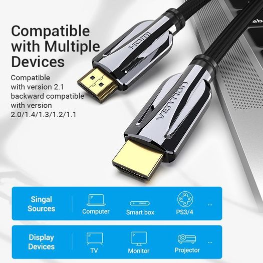 VENTION 3M Premium HDMI 2.1 UHD/3D 8K (7680x4320@60Hz) 48Gbps Luxury Model (Zinc Alloy/Cotton Braided/Gold Plated) Cable (Brand New/Warranty)