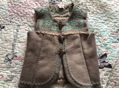 Girls Monsoon furry lined brown floral embroidery gilet body warmer