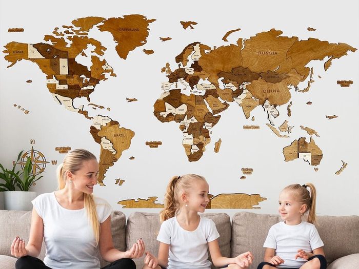 3D Classic Wooden World Map with Country Borders Country Names Capital Names US and Canada Borders and Names 3D Map Effect