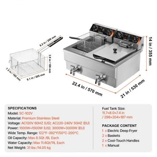 Commercial Deep Fryer, Dual Tank 3000W Electric Countertop Fryer with Basket, 2 x 11.6Qt/11L Double Stainless Steel Oil Fryer with Oil Filtration, Time & Temp Control, for Kitchen Restaurant Use