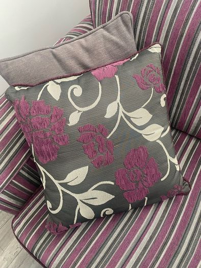 Quality Grey stripped Sofa with matching arm covers and cushions