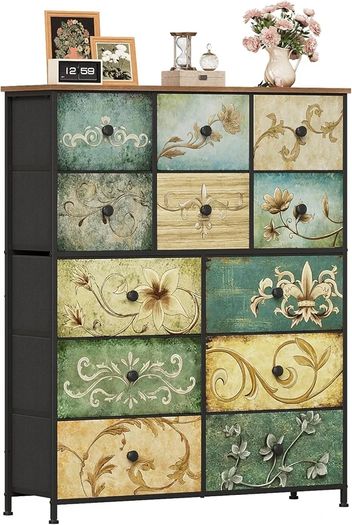 Fabric Chest of Drawers, Vintage 12 Drawer Tall Dresser with Floral Print, Rustic Boho Style Dresser Storage Cabinet for Bedroom, Hallway, Living Room
