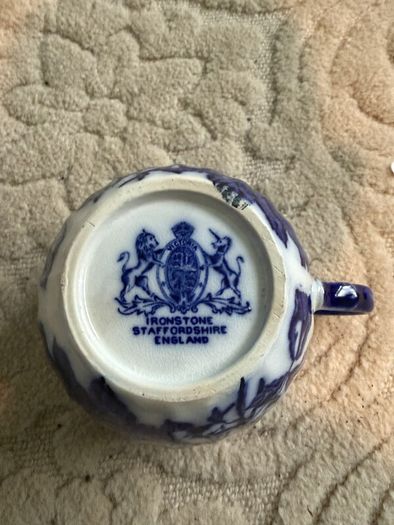 Vintage Flow Blue Moustache Cup and Saucer, Victoria Ironstone Staffordshire