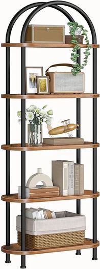 5-Tier Bookshelf, Bookcase with Metal Frame, Floor Standing Book Shelf, Arched Storage Shelf for Living Room, Office, 43 x 30 x 176 cm, Rustic Brown and Black