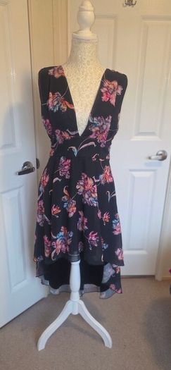 Boohoo Black Floral Midi Dress UK 12 Sleeveless Hi Low Party Dress