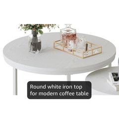 Round Coffee Tables, Set of 2 End Table, Nesting Tables, Side Table with Metal Frame for Living Room/Bedroom/Balcony/Office/Apartment, Diameter 23.6/15.7 IN (White Frame, White Top)