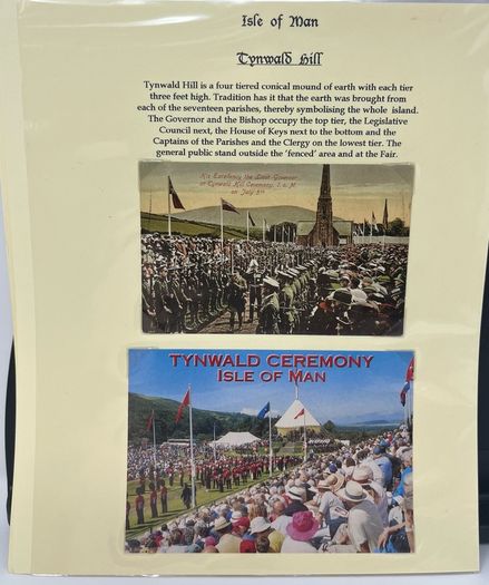 24 Beautifully written up Isle of Man display pages with lots of postcards and stamps. Maps, IOM TT and Manx cat noted