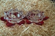 Pair of Newgrange Living glass tealight candle holders in a red flower design