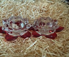 Pair of Newgrange Living glass tealight candle holders in a red flower design