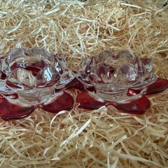 Pair of Newgrange Living glass tealight candle holders in a red flower design