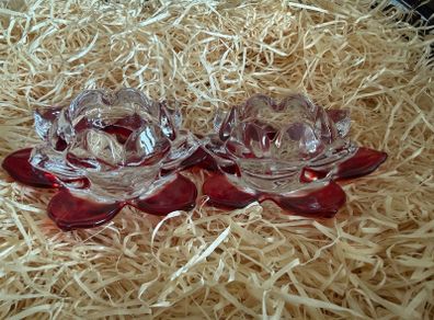 Pair of Newgrange Living glass tealight candle holders in a red flower design