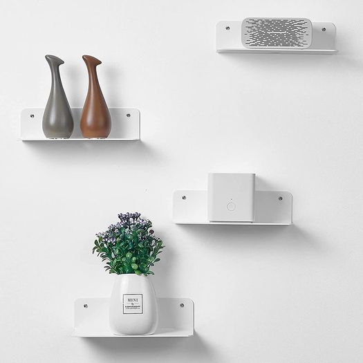 White Floating Wall Shelves Set of 4 - Easily Expand Wall Space - Acrylic Small Shelf for Bedroom, Bathroom, Kitchen, Living Room, Office, Playroom with Cable Clips - 9 Inch