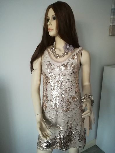 Gold Zara dress size S (10-12) with matching heels and jewellery