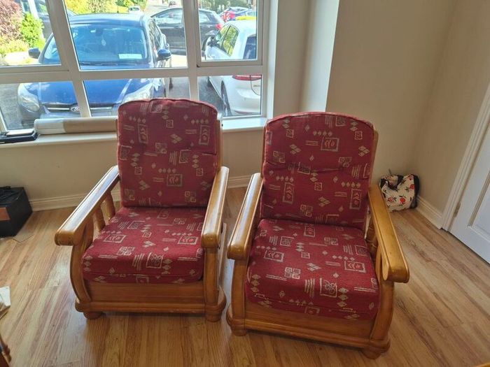 Wooden framed couch and Armchairs