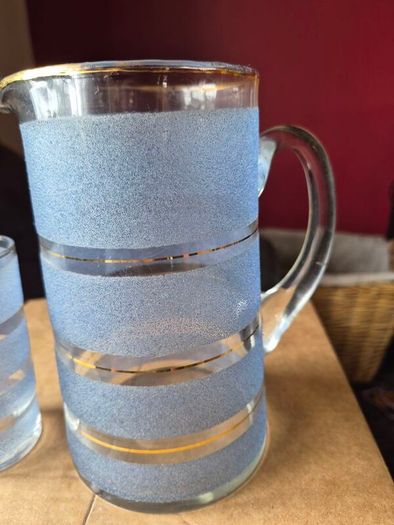 Vintage mid-century frosted blue & clear striped glass lemonade jug & glass