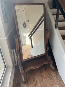 Victorian mahogany cheval mirror. c. 1880. Brass castors.