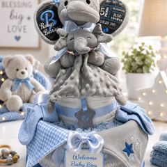 Baby Gift - Nappy Cake with Personalised Baby Stats Elephant