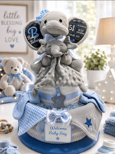 Baby Gift - Nappy Cake with Personalised Baby Stats Elephant