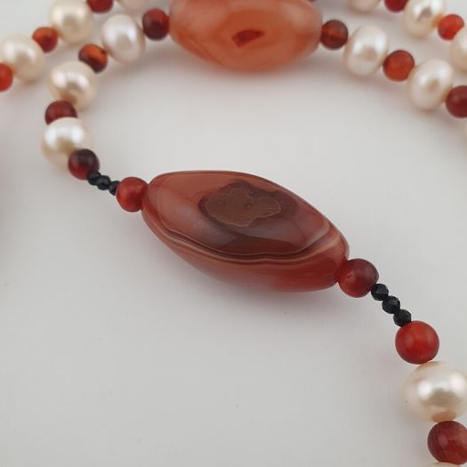 Vintage African Carnelian & Fresh Water Authentic Pearl Necklace