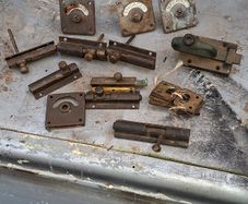 Antique Brass Door Lock Bolts Etc., Postage available or Collection