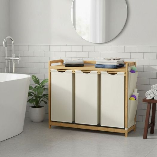 Bamboo Laundry Sorter with 3 Removable Bags and Storage Shelf 150L