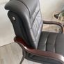Pair of Black Leather Office / Visitor Armchairs with Mahogany Wooden Arms Image 3