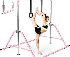 Adjustable Kids Gymnastics Bar with Rings - Folding Horizontal Training Kip Bar, 5 Height Levels, Non-Slip Base & Floor Rings, Indoor/Outdoor Gym Equipment for Children