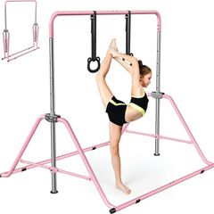 Adjustable Kids Gymnastics Bar with Rings - Folding Horizontal Training Kip Bar, 5 Height Levels, Non-Slip Base & Floor Rings, Indoor/Outdoor Gym Equipment for Children