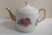 Fabulous 1950s Carrigaline Pottery Teapot with a Lovely Pink Carnation Motif with Gilt Handle, Spout and Lid Finial