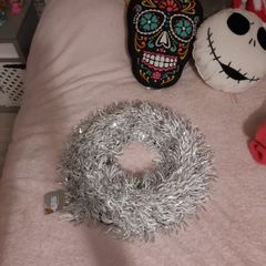 Large white and silver tinsel wreath