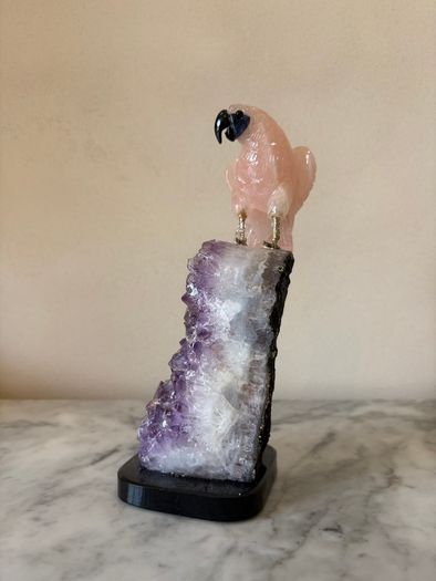 Rose Quartz Parrot on Large Amethyst Geode Cluster Base