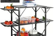 One-piece Folding Portable Cook Station with A Carrying Bag, Aluminum Camping Table 4 Iron Side Tables &amp; 2 Shelves, Ideal for Outdoor Picnics, BBQs, Camping, RV Traveling