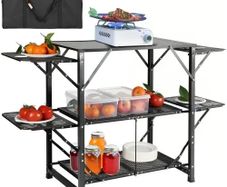 One-piece Folding Portable Cook Station with A Carrying Bag, Aluminum Camping Table 4 Iron Side Tables & 2 Shelves, Ideal for Outdoor Picnics, BBQs, Camping, RV Traveling