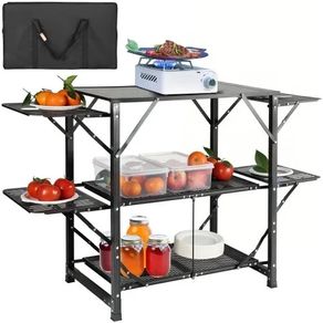 One-piece Folding Portable Cook Station with A Carrying Bag, Aluminum Camping Table 4 Iron Side Tables & 2 Shelves, Ideal for Outdoor Picnics, BBQs, Camping, RV Traveling