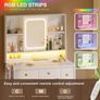 Dressing Table with Adjustable LED Mirror Built in USB Power Outlets RGB Light Strip Vanity Desk with 5 Fabric Drawers 3 Layer Shelves White Makeup Desk 90 40 139cm Image 5