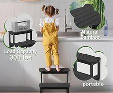 Kids Step Stool for Bathroom  Wodden Two Step Stools 300 lbs Capacity with Safety Non-Slip Pads - Cute Toddler Step Stool for Toilet Bathroom Sink (Black)
