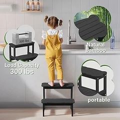 Kids Step Stool for Bathroom  Wodden Two Step Stools 300 lbs Capacity with Safety Non-Slip Pads - Cute Toddler Step Stool for Toilet Bathroom Sink (Black)