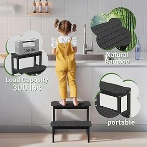 Kids Step Stool for Bathroom  Wodden Two Step Stools 300 lbs Capacity with Safety Non-Slip Pads - Cute Toddler Step Stool for Toilet Bathroom Sink (Black)