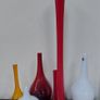 Fabulous Vintage Retro Mid-Century-Modern Art Glass Hand-Blown Very Tall Cased Red Stem Vase with a Clear Glass Four-Lobed Elephant Foot, and Opaque White Interior, circa 1960, Most Likely Murano or Japanese Image 9