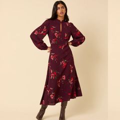 Burgundy Floral Long Sleeve Midi Dress