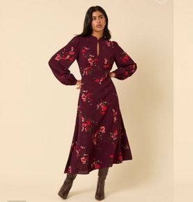 Burgundy Floral Long Sleeve Midi Dress