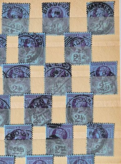 Great Britain Queen Victoria 1887. Jubilee Issue Bulk Study Lot. 72 Used Stamps on Stock Pages, 1/2d Vermilion and 2 1/2d Purple, Blue.