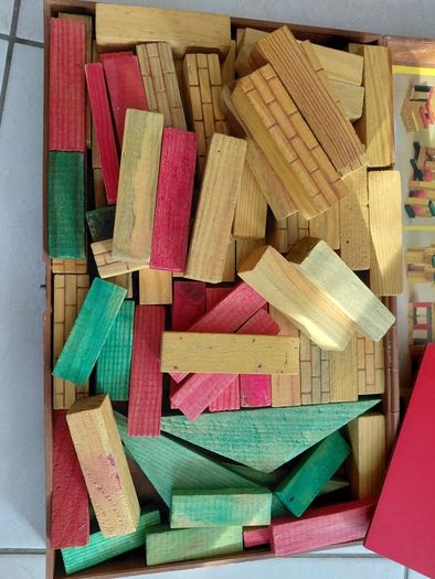 Vintage box of wooden blocks to make buildings