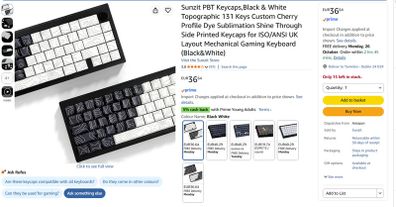 PBT keycap set, 131 keys, black & white topographic, Cherry profile, dye-sub, ISO/ANSI