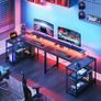 L Shaped Gaming Desk with LED Lights 120 x 80 cm Computer Power Outlet Reversible Corner Table Storage Shelves Monitor Stand Black Image 2